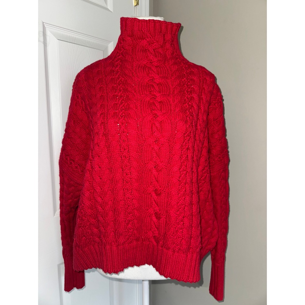 Lauren Ralph Lauren Sweater Women XL Red Chunky Cable Knit Turtleneck Preppy